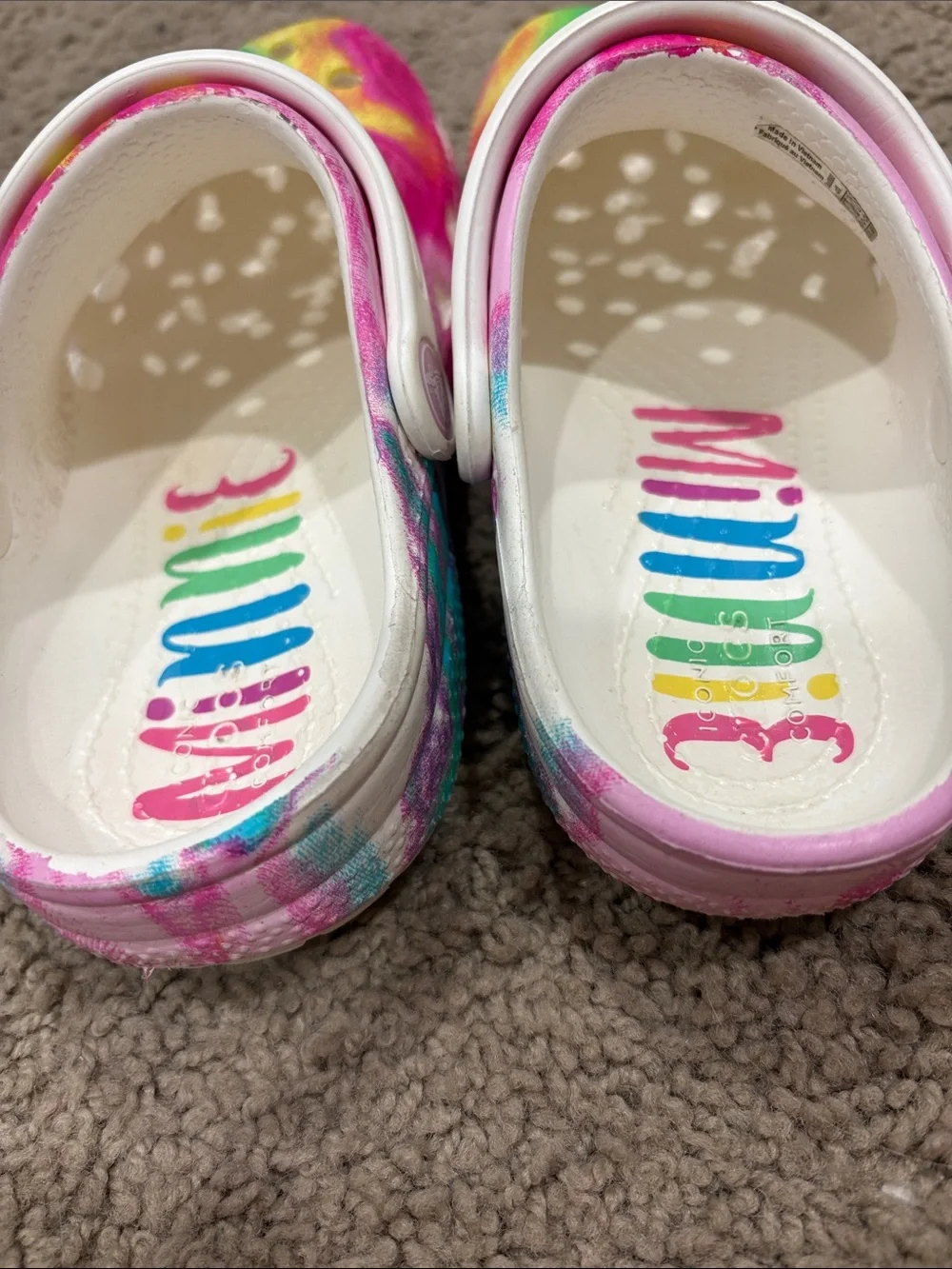 CROCS Kids Rainbow Tie-Dye Clogs with Minnie Charm - Pink, Yellow, Green, Blue